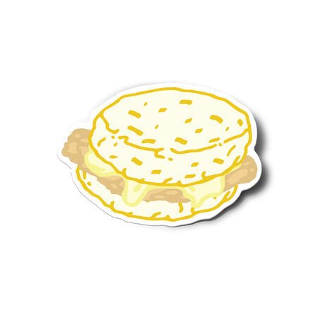 The Honey Butter Sticker by Anvil Cards features a breakfast sandwich with biscuit, egg, cheese, and sausage—ideal for adding a delicious touch to any surface.
