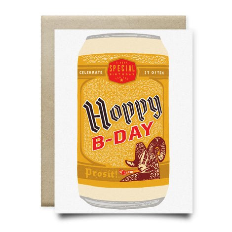 Celebrate with the Hoppy B-Day! Prosit! Card from Anvil Cards—an A2 linen card featuring a "Hoppy B-DAY" beer can, ram, "Prosit," and bright yellow background. Perfect for any occasion, designed in Houston by Anvil Cards.