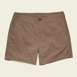 The Howler Brothers Horizon Walk Shorts are brown men's casual shorts with a front button and zipper, slanted side pockets, and a small black label near the right hem, shown on a plain background.