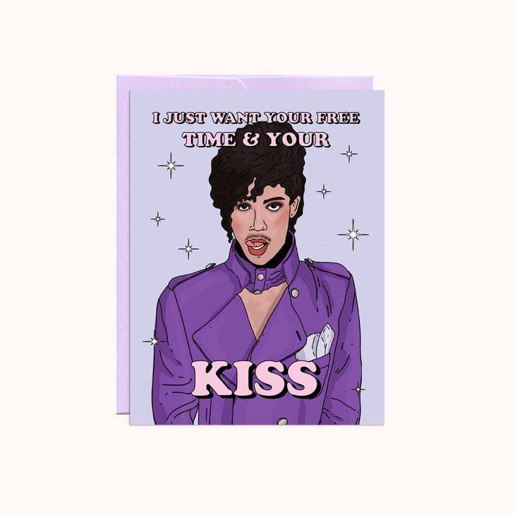 The "I Want Your Kiss" A2 Valentine's card by Party Mountain Paper co. features a person in purple with "I just want your free time & your kiss" on a light purple, sparkly background. Blank inside for your message.