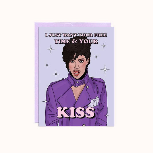 The I Want Your Kiss Valentine's Card by Party Mountain Paper co. features an illustration of a person in purple with the text "I just want your free time & your kiss," on an A2 blank card, made in Canada.
