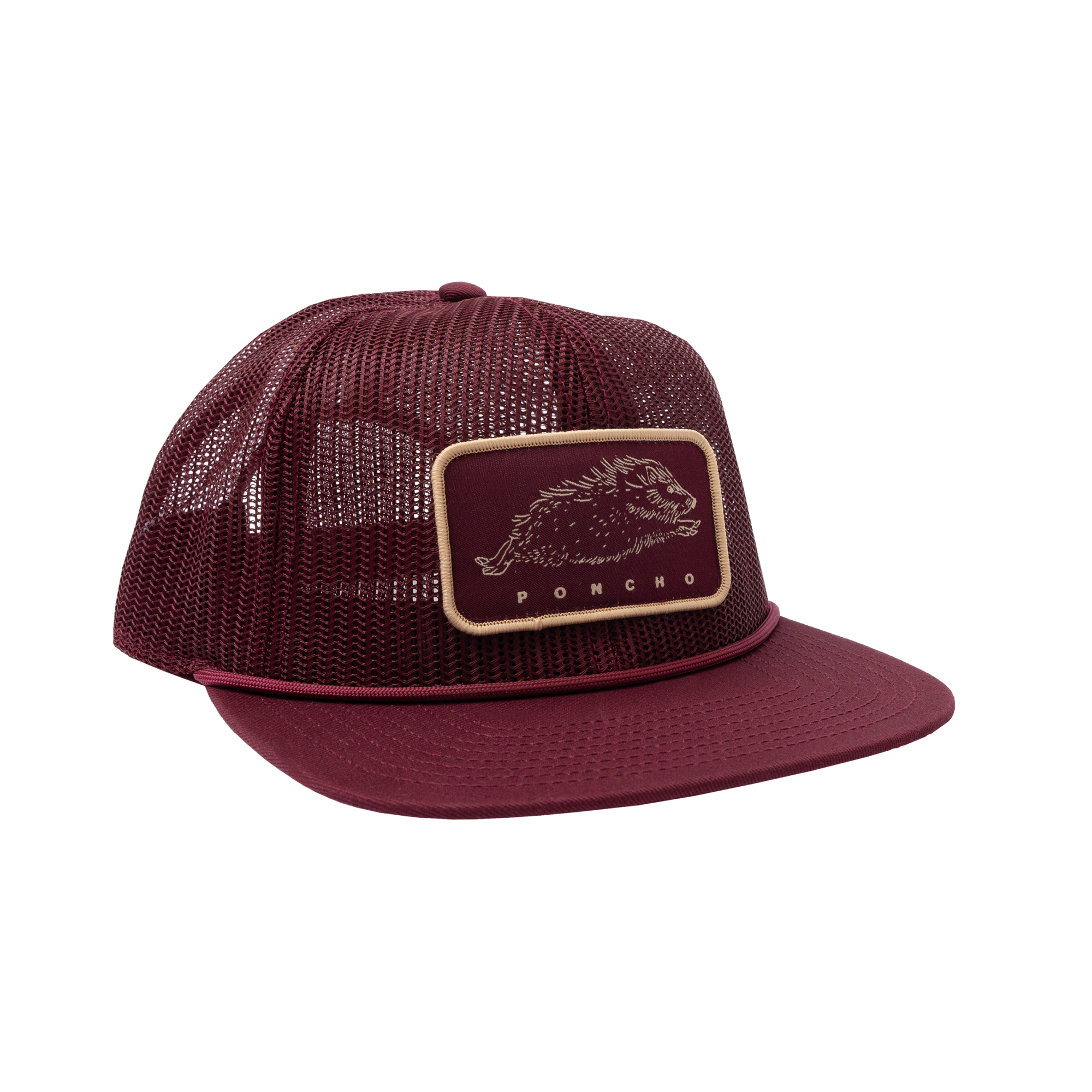 The Poncho Javelina Mesh Hat is a maroon trucker cap with a flat brim, mesh back, snapback closure, and a front patch showing a fish illustration and the word "PONCHO.