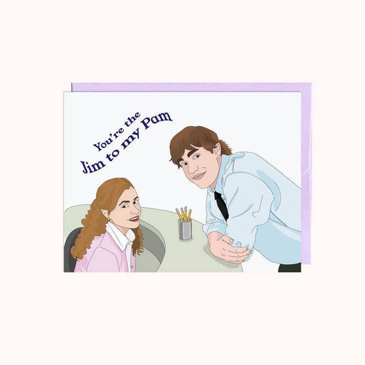 The "Jim To My Pam" Valentine's Card by Party Mountain Paper co. is an illustrated A2 card featuring two people in an office and the text "You're the Jim to my Pam"—a perfect blank greeting card for fans of classic office romance.