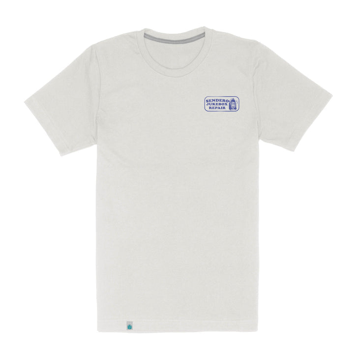 A light gray cotton-poly tee from Sendero Provisions Co. featuring a soft-touch screen-printed "Jukebox Repair" logo and graphic on the left chest.