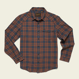 The Howler Brothers La Grange Lightweight Flannel, a brown and navy long-sleeve button-up western shirt in 100% cotton flannel with a single chest pocket, is displayed flat on a light background.