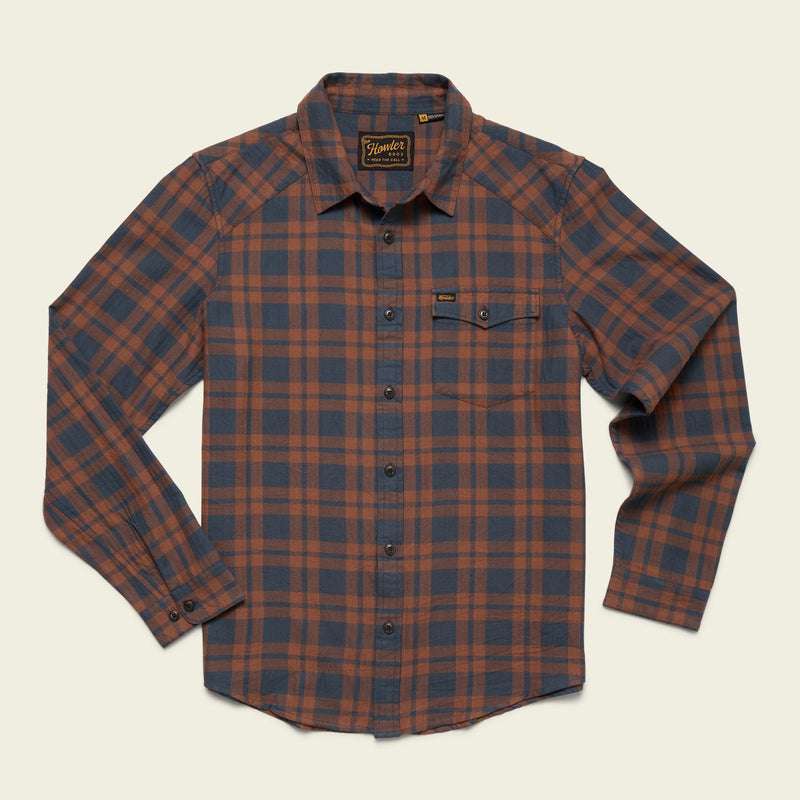 The Howler Brothers La Grange Lightweight Flannel, a brown and navy long-sleeve button-up western shirt in 100% cotton flannel with a single chest pocket, is displayed flat on a light background.