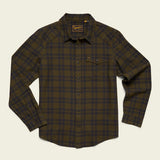 The Howler Brothers La Grange Lightweight Flannel is a green and brown western-inspired long-sleeve shirt with a flap chest pocket and collar, crafted from lightweight flannel for comfort, shown on a light flat background.