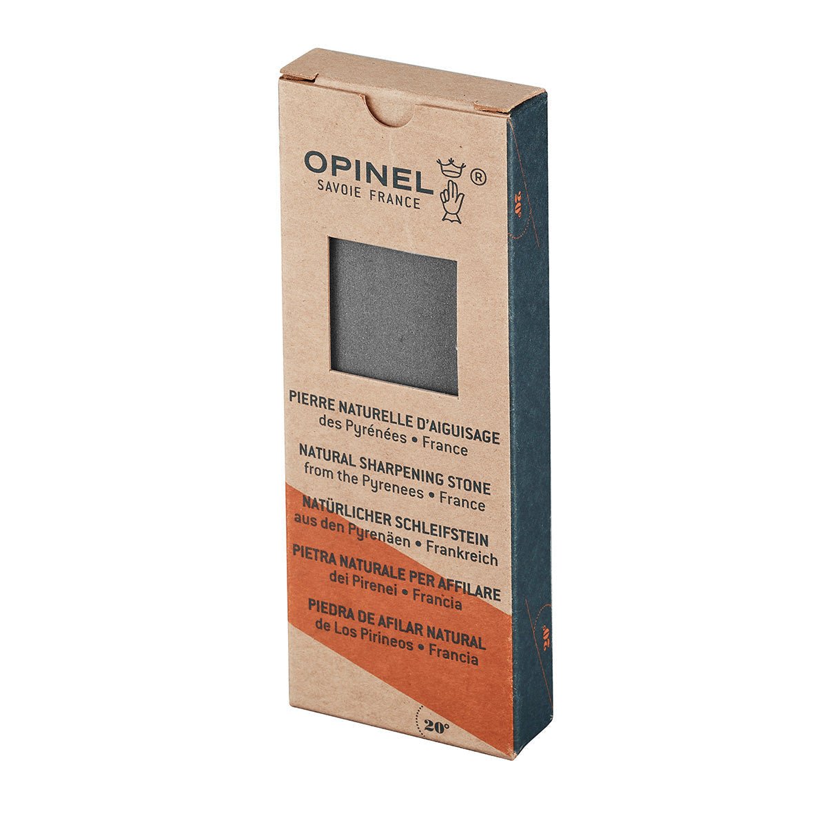A rectangular box labeled "Large Natural Sharpening Stone | Opinel" shows a grey sharpening stone from the French Pyrenées, ideal for maintaining knives. Box and branding are in multiple languages.