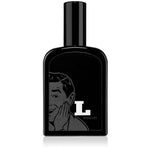 The Latigo Eau De Toilette by Fine Accoutrements comes in a 100 ml black glass bottle with a smiling man and large white "L" graphic. It features a diffusive atomizer cap for easy application.