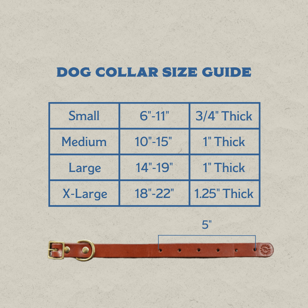 A chart titled "Dog Collar Size Guide" lists collar sizes and thicknesses, with a handmade Ballad of the Bird Dog Leather Dog Collar—shown as a brown 5-inch leather collar—displayed below the chart for scale.