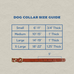 Leather Dog Collar size guide chart by Ballad of the Bird Dog showing small, medium, large, and x-large sizes with corresponding length and thickness, plus an image of the handmade Brenham style collar measuring 5 inches.