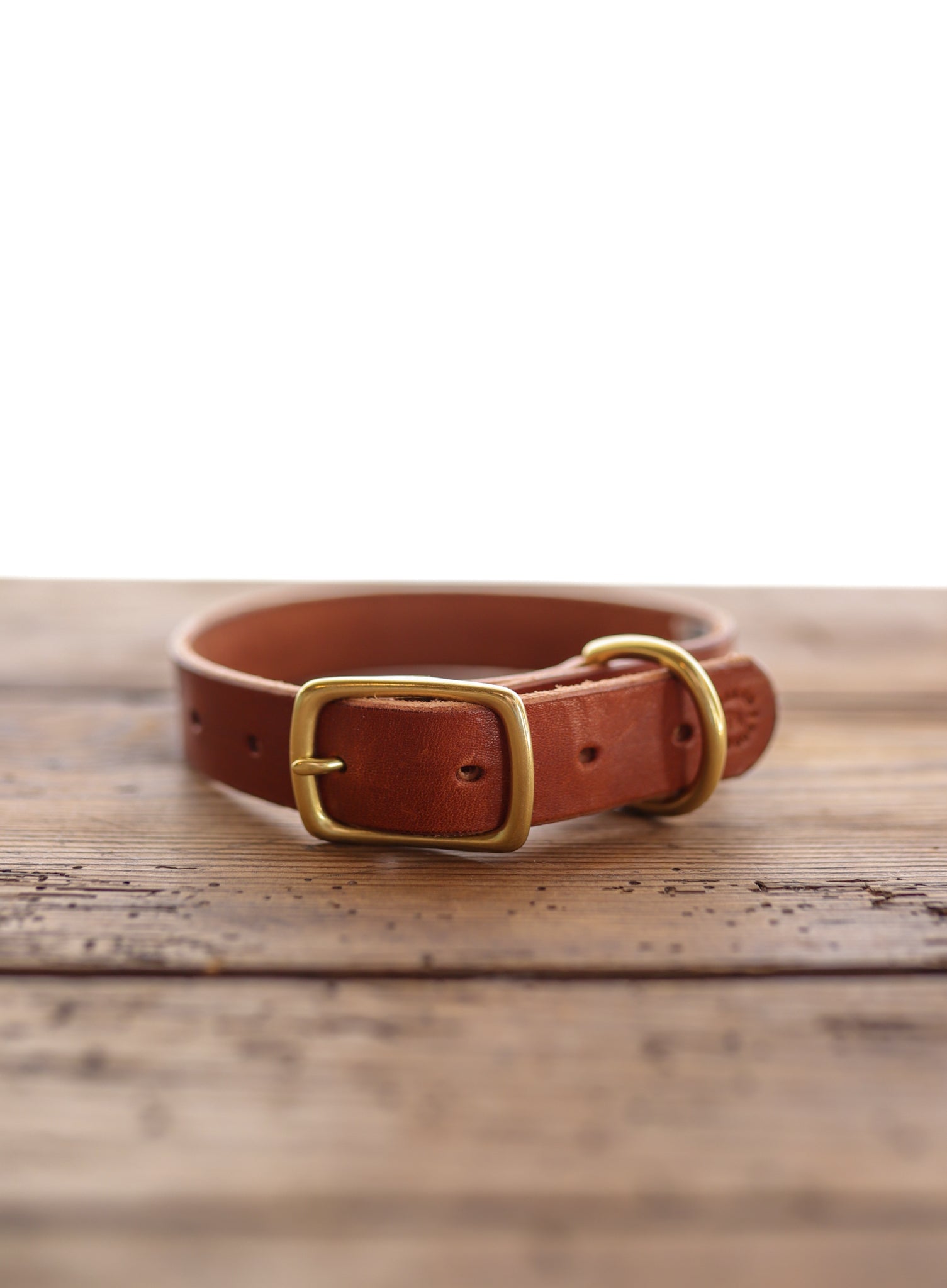 The Leather Dog Collar by Ballad of the Bird Dog is a handmade English bridle collar in brown leather with a brass buckle and D-ring, crafted in Brenham and displayed on a wooden surface.