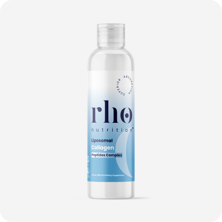 A clear bottle of Rho Nutrition Liposomal Collagen Peptides, labeled with a blue and white design, is set against a plain light gray background, emphasizing its marine collagen peptides that support joint health.