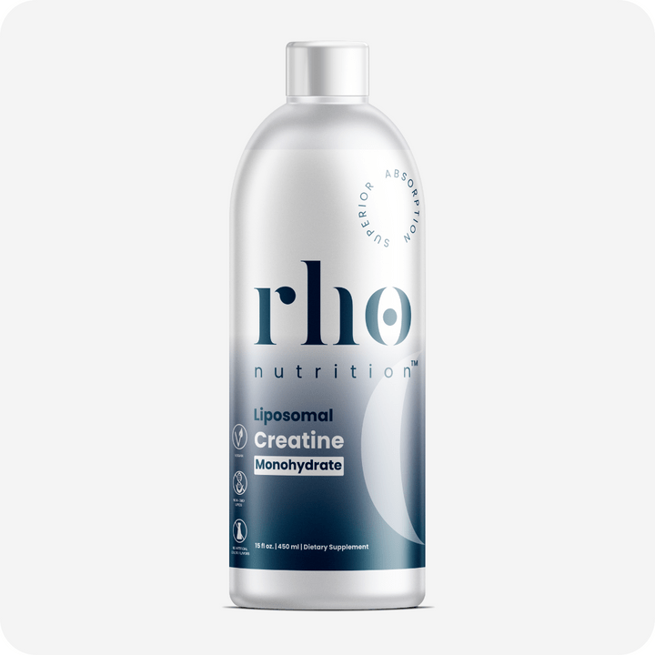 The Liposomal Creatine Monohydrate from Rho Nutrition, in a sleek silver and blue bottle, is designed to support muscle performance for your active lifestyle.