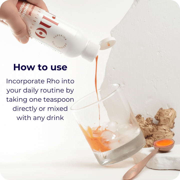A bottle of Rho Nutrition Liposomal Curcumin + Resveratrol pours orange liquid into a glass with ice, next to ginger root and a teaspoon; text explains how to use this supplement for joint comfort and inflammation support.