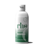 A white and green bottle labeled "Liposomal Glutathione | Rho Nutrition" with a white cap, designed for antioxidant support and liver detoxification, is shown against a plain light background.