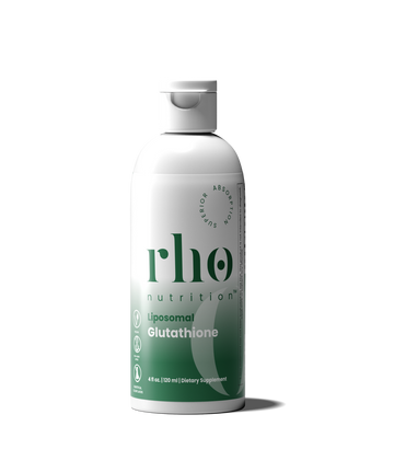 A white and green bottle labeled "Liposomal Glutathione | Rho Nutrition" with a white cap, designed for antioxidant support and liver detoxification, is shown against a plain light background.