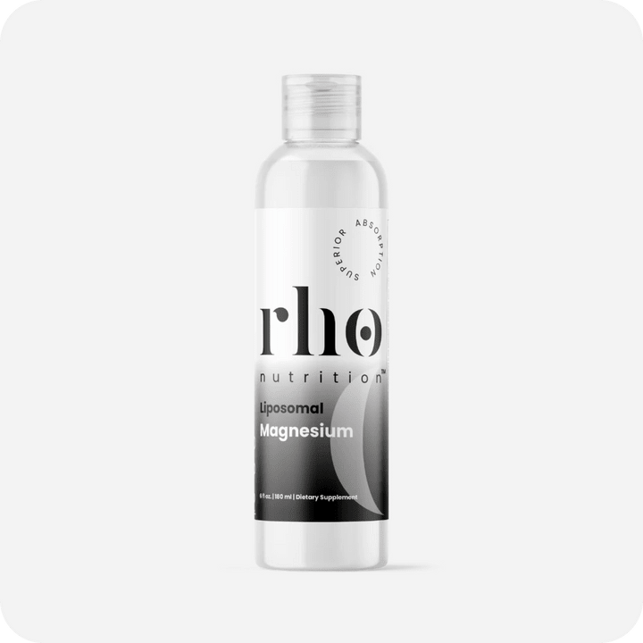 A clear bottle labeled "Liposomal Magnesium | Rho Nutrition," a dietary supplement for muscle recovery and nervous system support by Rho Nutrition, is displayed against a plain white background.