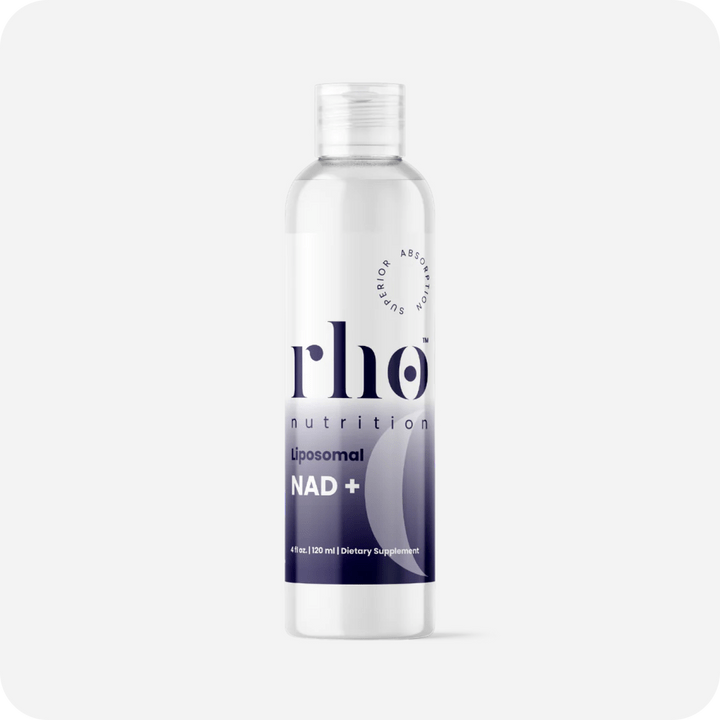 A clear plastic bottle of Liposomal NAD+ | Rho Nutrition, 4 fl oz (120 ml) dietary supplement for cellular energy and healthy aging, labeled with the Rho Nutrition brand, shown on a plain white background.