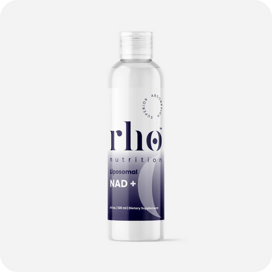 A clear plastic bottle of Liposomal NAD+ | Rho Nutrition, 4 fl oz (120 ml) dietary supplement for cellular energy and healthy aging, labeled with the Rho Nutrition brand, shown on a plain white background.