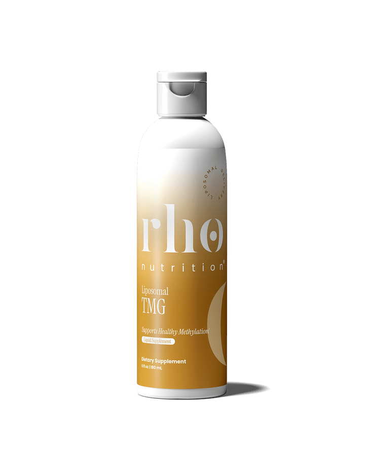 A bottle of Rho Nutrition Liposomal TMG, featuring a white and gold label, supports homocysteine metabolism and is displayed on a plain white background.