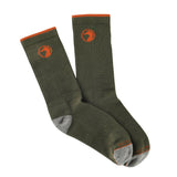 The Duck Head Logo Sock features an olive green color with gray toes and heels, orange trim at the cuffs, and an orange logo near the top.