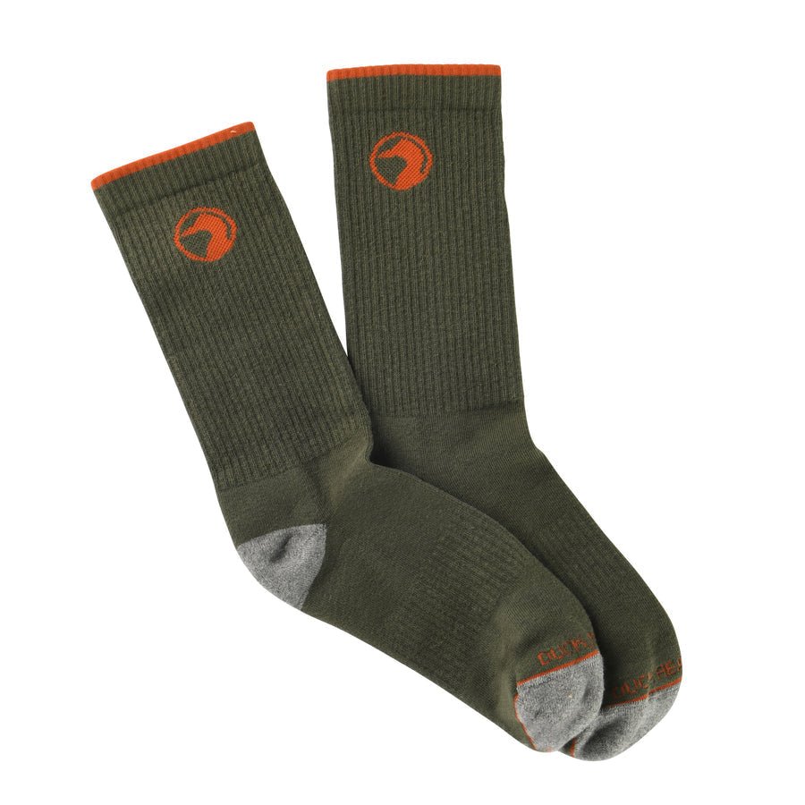 The Duck Head Logo Sock features an olive green color with gray toes and heels, orange trim at the cuffs, and an orange logo near the top.