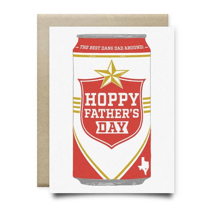 The Lone Star Beer Hoppy Father's Day Card by Anvil Cards features a hand-drawn beer can with "Hoppy Father's Day," "The Best Dang Dad Around!" above, a Texas outline below, and is printed on sustainable linen paper.