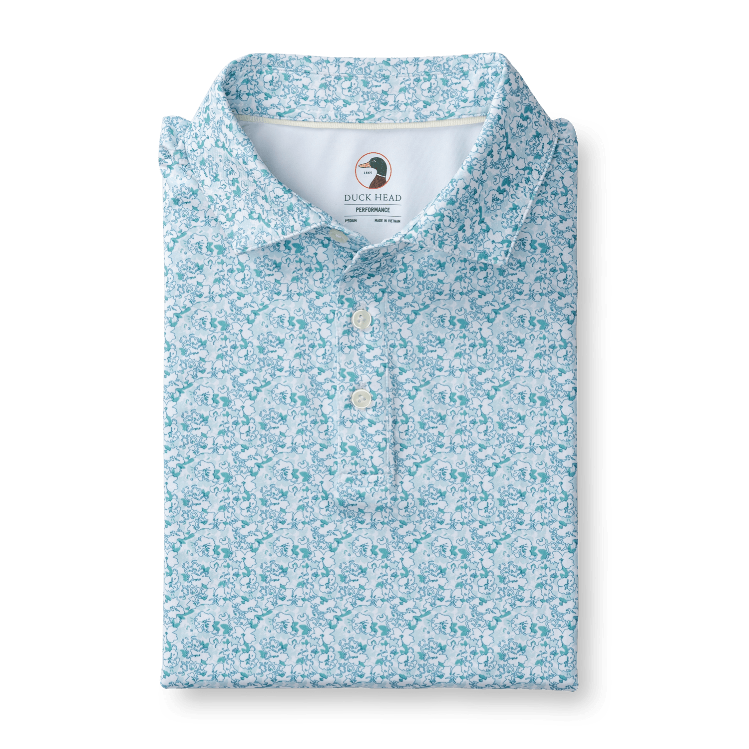 The Duck Head Long Drive Performance Polo features a light blue and white floral pattern, quick-dry, moisture-wicking fabric, and an inside collar Duck Head logo.