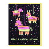 The Magical Birthday Pinatas card by Lucky Horse Press features three colorful piñatas on a black, confetti-dotted background with "Have a magical birthday." Screen printed, blank inside, and includes a matching envelope.