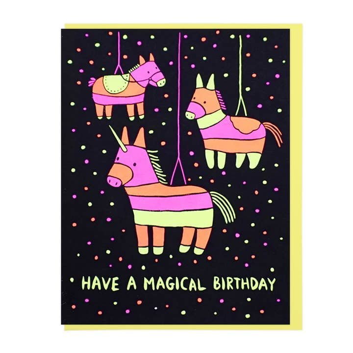The Magical Birthday Pinatas card by Lucky Horse Press features three colorful piñatas on a black, confetti-dotted background with "Have a magical birthday." Screen printed, blank inside, and includes a matching envelope.