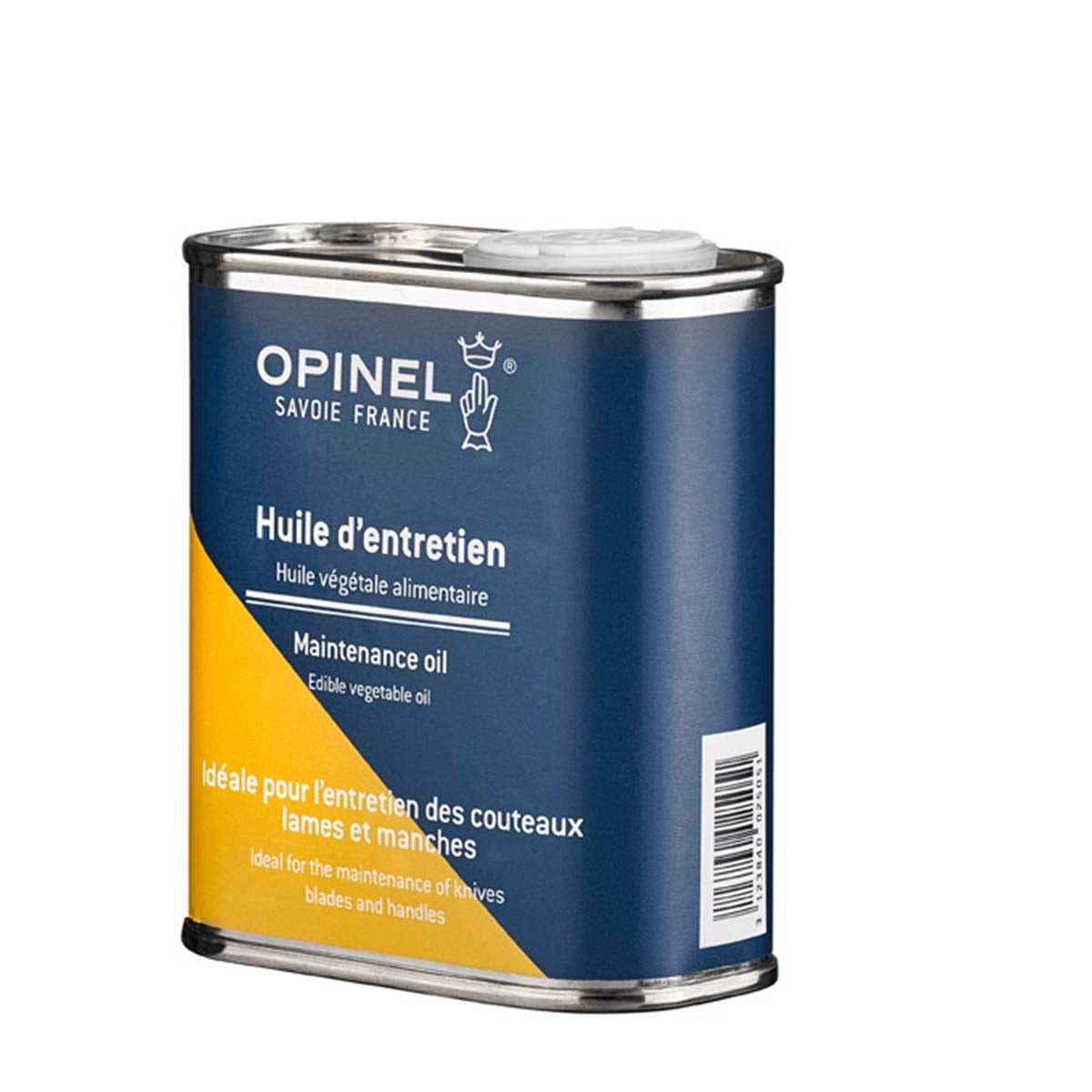 The Opinel Maintenance Oil comes in a rectangular metal can with a white cap and blue-yellow design, labeled in French and English. This plant-based oil from Opinel is specially formulated for optimal knife maintenance.