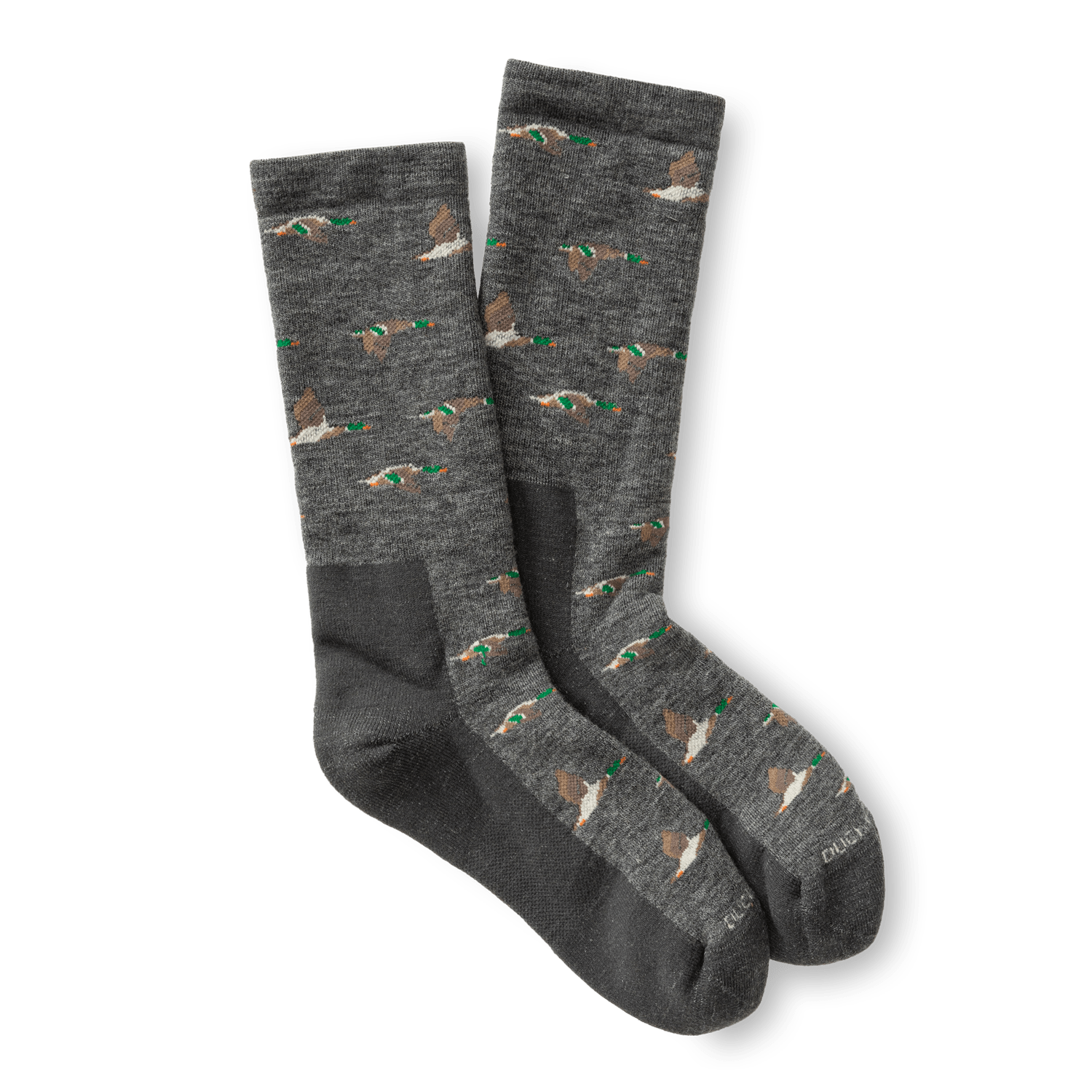The Duck Head Mallard Merino Wool Sporting Sock is a gray boot-length pair featuring a playful pattern of small brown and green ducks.