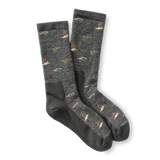 The Duck Head Mallard Merino Wool Sporting Sock is a gray boot-length pair featuring a playful pattern of small brown and green ducks.