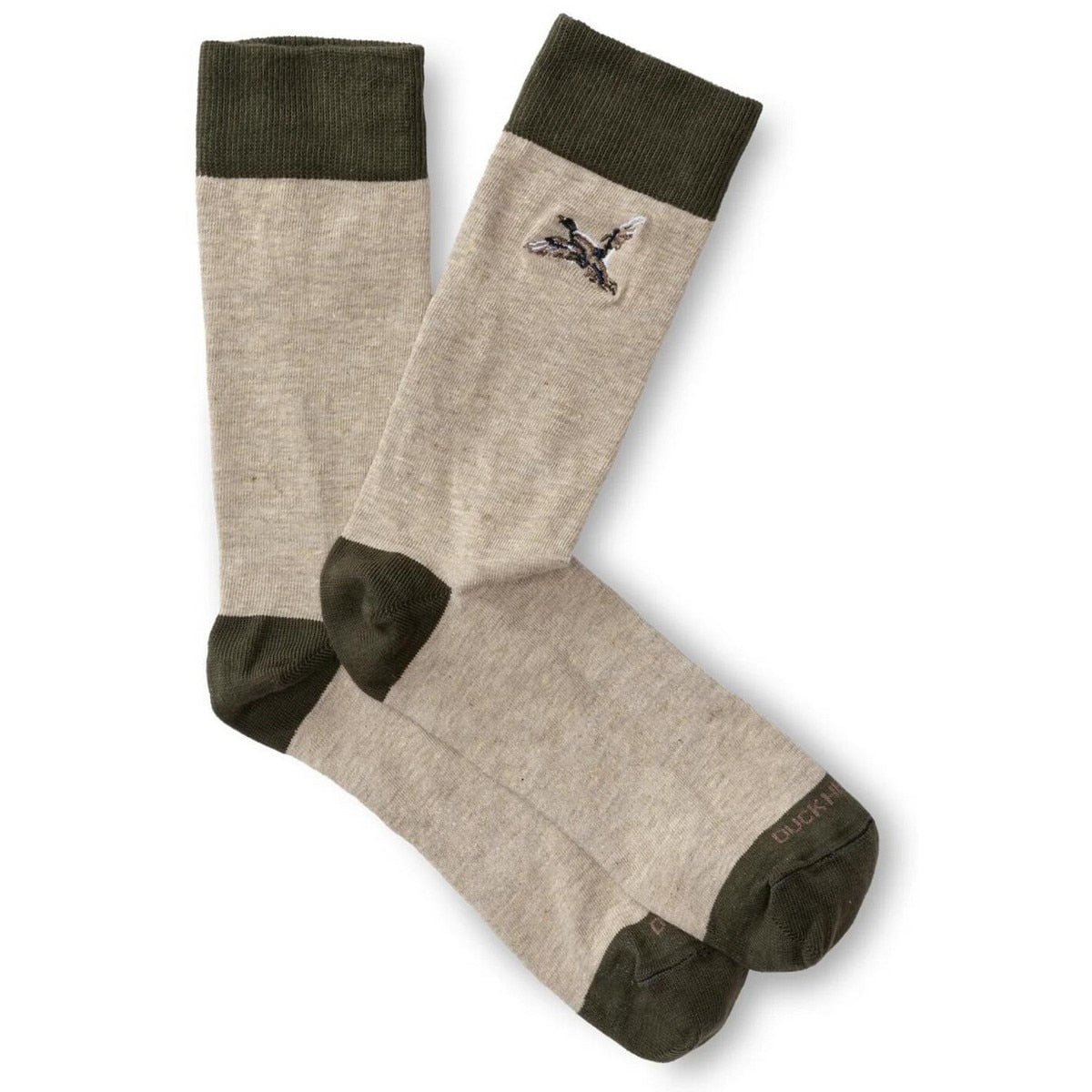 The Duck Head Mallard Sock is a beige cotton blend pair with dark green cuffs, toes, and heels, featuring a small embroidered duck near the top. Proudly made in the USA.