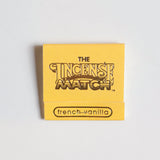 A yellow matchbook labeled "Matches | The Incense Match" by The Incense Match features "french vanilla" on the bottom front flap—a unique air freshener and great incense gift.