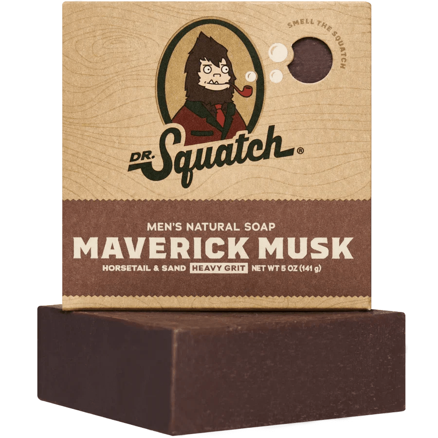 A 5 oz bar of Dr.Squatch Maverick Musk Soap for men, featuring leather and moss notes, with packaging displaying the Dr.Squatch logo and product details.