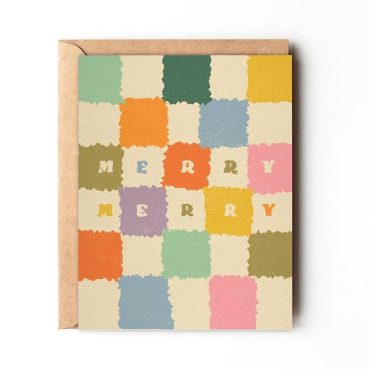 The "Merry Merry | Daydream Prints" card by Daydream Prints features a colorful retro patchwork design and bold lettering, paired with a brown envelope—an eco-friendly Christmas greeting card.