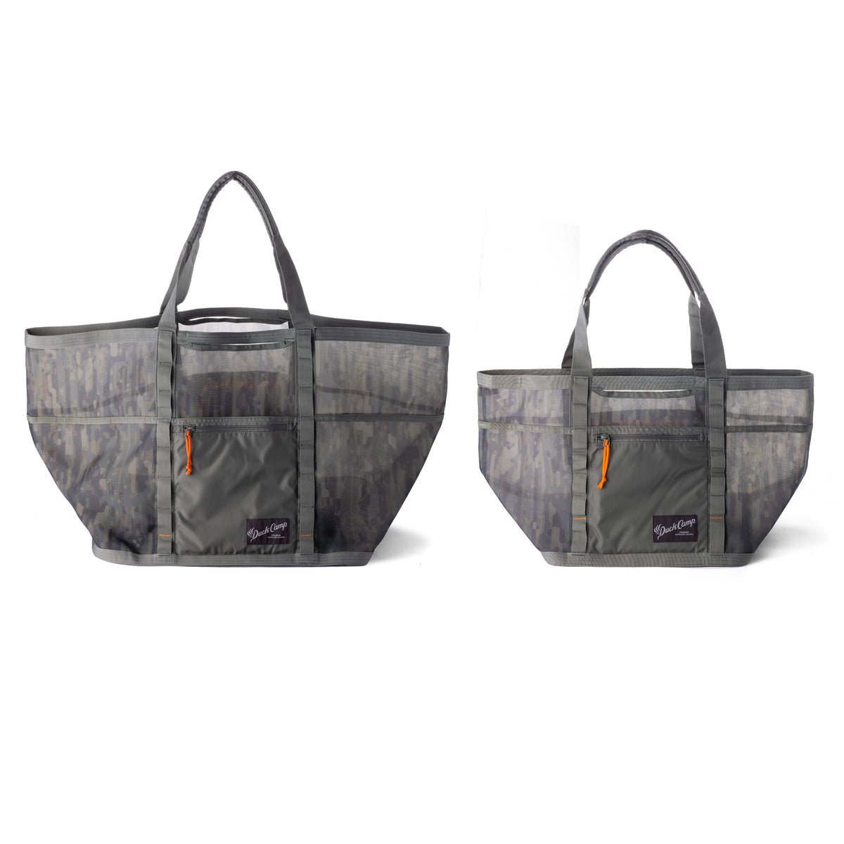The Duck Camp Mesh Gear Tote features camo-patterned gray sides, front pockets, short handles, and a logo patch. Available in large and small sizes, this durable tote offers modern style for everyday use.
