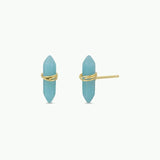 Mineral Point - Amazonite - Gold Wire Wrapped Earrings by JaxKelly feature turquoise Amazonite double point crystals with gold wire wrapping and hypoallergenic posts, perfect for sensitive ears, shown on a plain white background.
