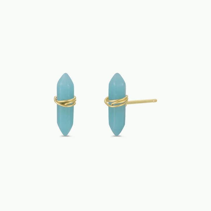 Mineral Point - Amazonite - Gold Wire Wrapped Earrings by JaxKelly feature turquoise Amazonite double point crystals with gold wire wrapping and hypoallergenic posts, perfect for sensitive ears, shown on a plain white background.