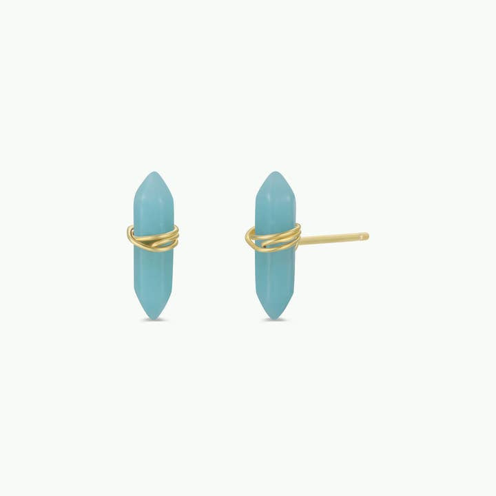 The Mineral Point - Amazonite - Gold Wire Wrapped Earrings by JaxKelly feature blue Amazonite studs, each elegantly wrapped in a gold-over-sterling silver wire loop.