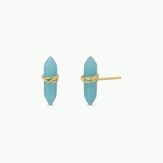 The Mineral Point - Amazonite - Gold Wire Wrapped Earrings by JaxKelly feature blue Amazonite studs, each elegantly wrapped in a gold-over-sterling silver wire loop.