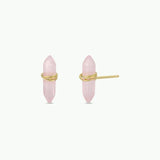 The Mineral Point - Rose Quartz - Gold Wire Wrapped Earrings by JaxKelly feature double point crystals wrapped in thin gold wire on gold-plated sterling silver posts, shown against a plain white background.