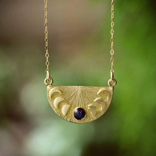 Moon Phase Pendant Necklace with Crushed Gem Accent | Cameoko