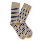 The Duck Head Multi Stripe Sock features beige fabric with blue and navy horizontal stripes—laid flat side by side, these collegiate socks pair perfectly with loafers.