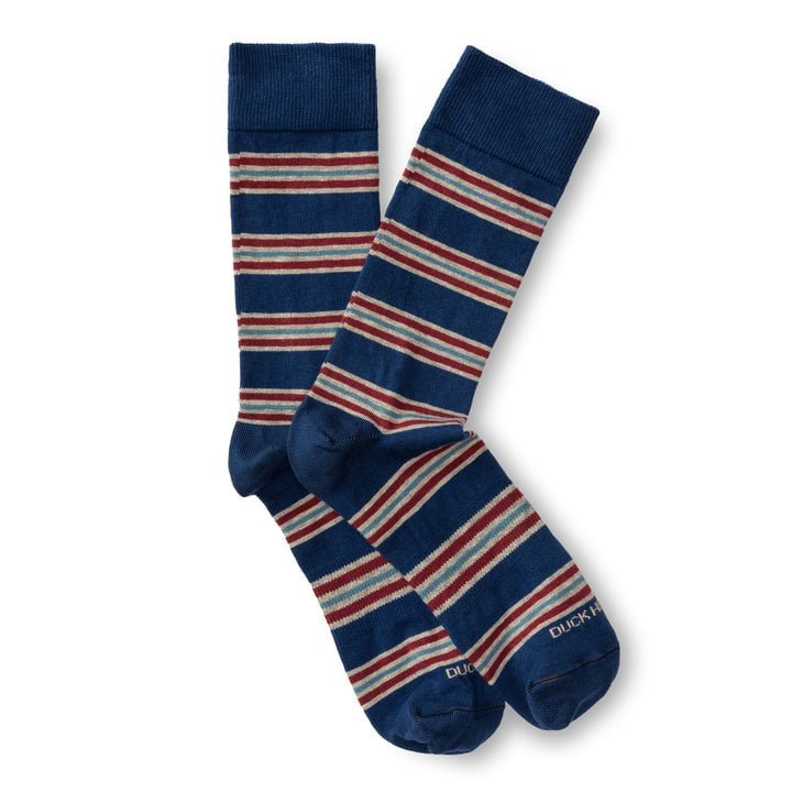 A pair of Duck Head Multi Stripe Socks in blue with red, white, and beige stripes. "Duck Head" branding appears on the toe—ideal for adding a classic touch to loafers.