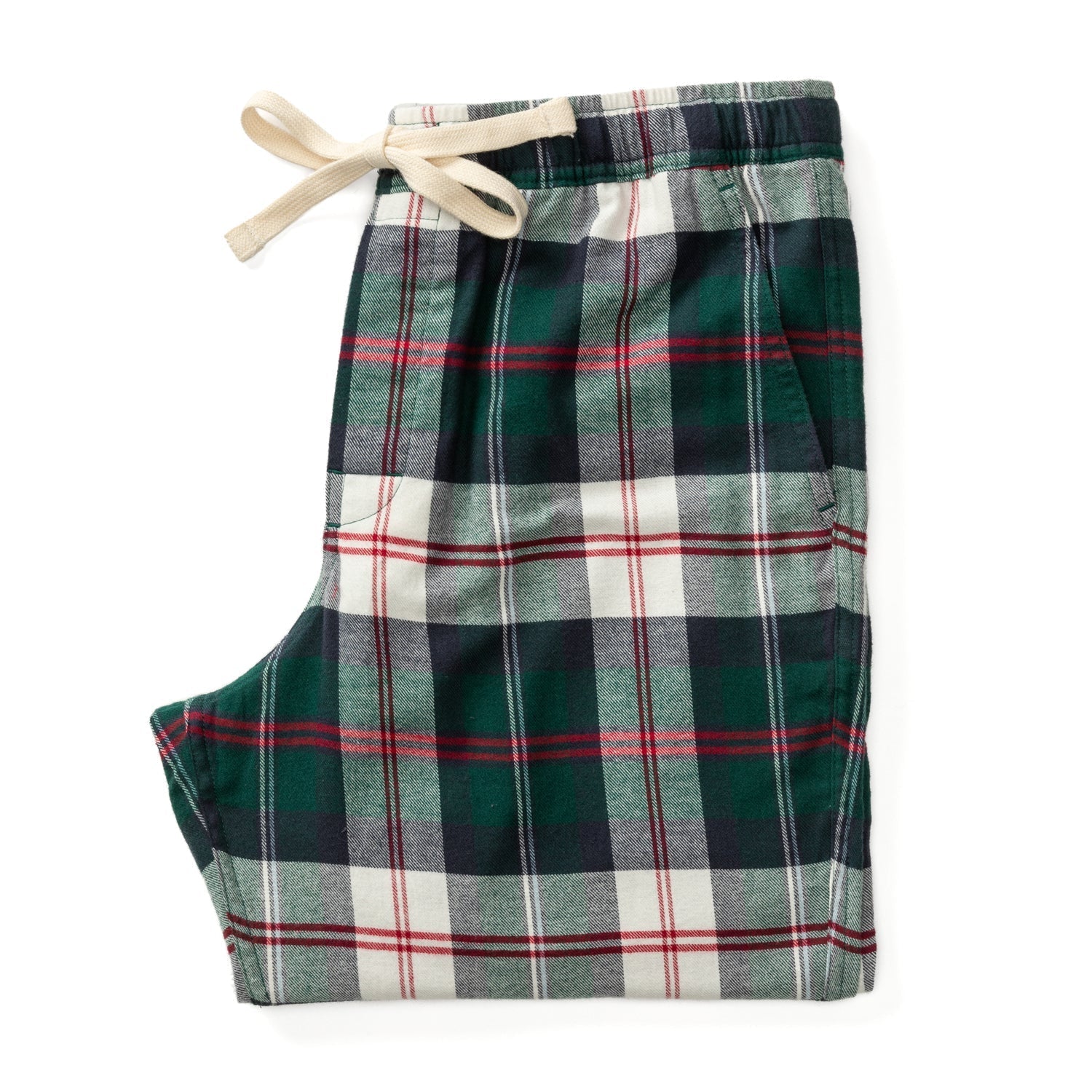 A folded pair of cozy flannel pants from Duck Head’s Navy Lounge Set, featuring a beige drawstring, displayed on a white background—an ideal gift.