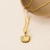 The JaxKelly Necklace features a gold plated seashell pendant resting on a beige ceramic dish, its delicate chain gleaming with a tarnish-free shine.