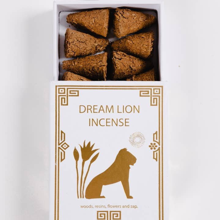 A white box labeled "Dream Lion Incense" features a gold lion graphic and contains eight brown cones. The Nine Treasures Incense offers a woodsy, sweet pine aroma with notes of woods, resins, flowers, and sap.